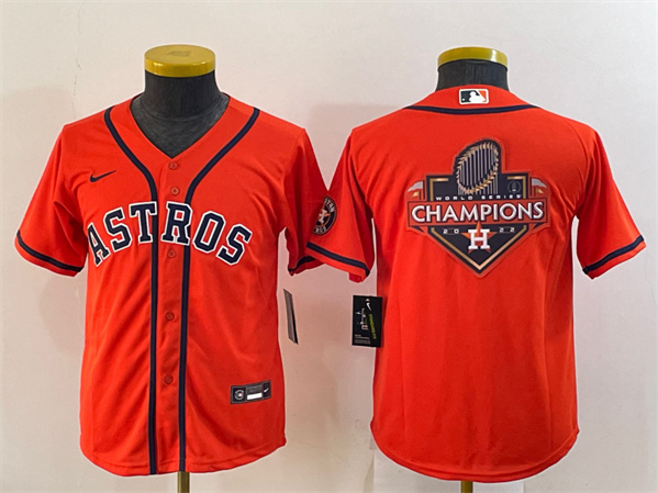 Youth Houston Astros Orange 2022 World Series Champions Team Big Logo With Patch Cool Base Stitched Jersey